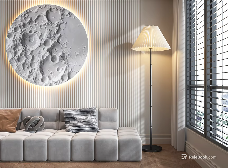 Modern Sofa Background Wall with Moon Relief Striped Design and LED Lighting 3d model 