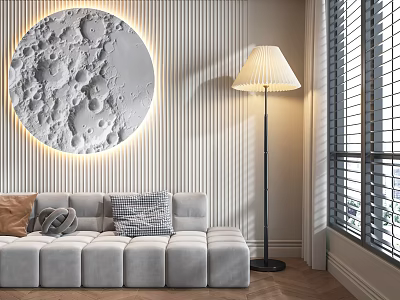 Modern Sofa Background Wall with Moon Relief Striped Design and LED Lighting 3d model