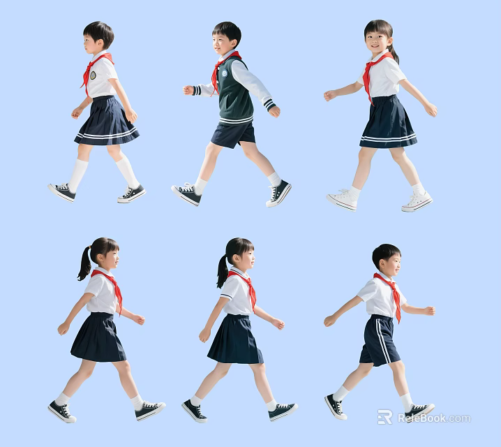 Children In School Uniforms Walking With White Shirts Dark Skirts And Red Scarves 3d model 