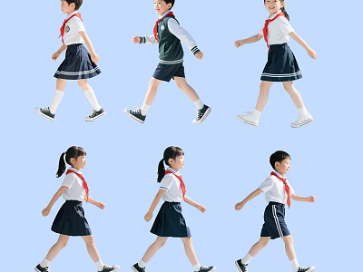 Children In School Uniforms Walking With White Shirts Dark Skirts And Red Scarves 3d model