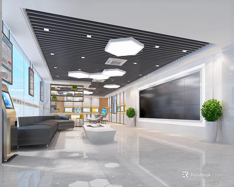 Spacious Modern Exhibition Hall With Comfortable Sofas Large Display Wall And Green Plants 3d model