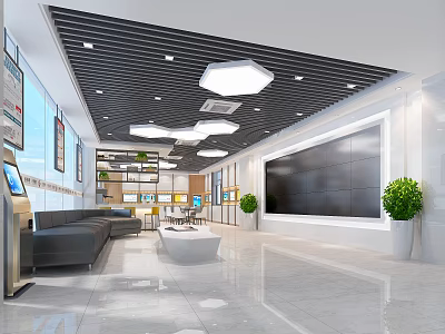 Spacious Modern Exhibition Hall With Comfortable Sofas Large Display Wall And Green Plants 3d model