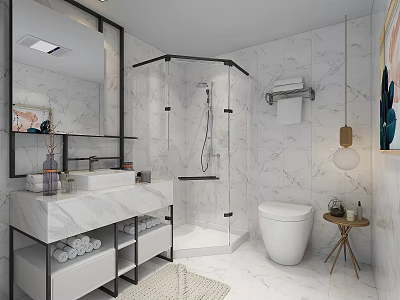 Modern Luxury White Marble Bathroom Design With Smart Toilet Vanity And Glass Separated Shower Area 3d model