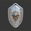 Ornate Metal Shield As Fantasy Weapon With Central Blue And Orange Gem And Rivets