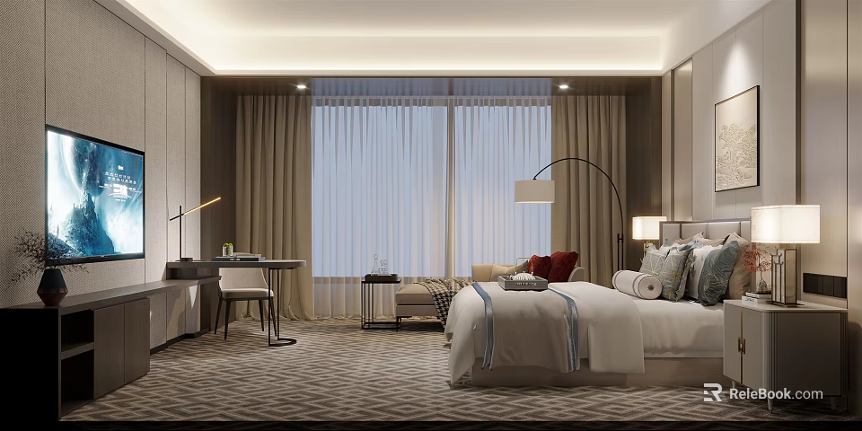Modern Hotel Guest Room Interior With Large Window Curtains Writing Desk And Comfortable Bed 3d model 