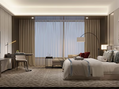 Modern Hotel Guest Room Interior With Large Window Curtains Writing Desk And Comfortable Bed 3d model