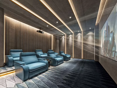 Modern Home Theater Room With Blue Leather Seats Large Screen Projector And Ceiling Light Strips 3d model