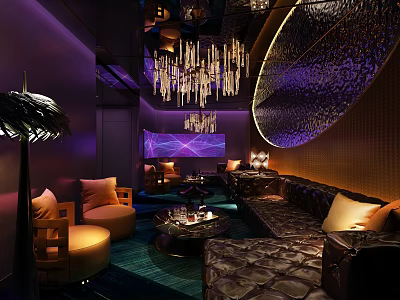Modern Luxury Lounge Interior Featuring Purple Gold Lighting Crystal Chandeliers Leather Sofas And Palm Plant 3d model
