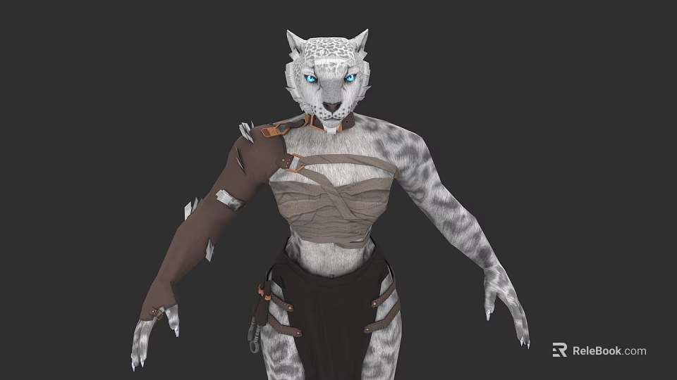 Snow Leopard Mythical Character 3D Model With White Gray Fur Blue Eyes And Brown Straps 3d model 