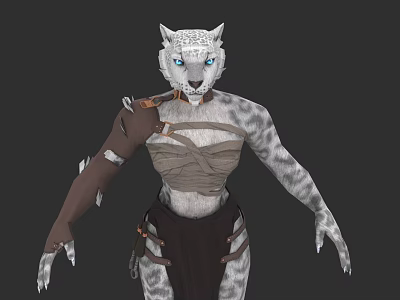 Snow Leopard Mythical Character 3D Model With White Gray Fur Blue Eyes And Brown Straps 3d model