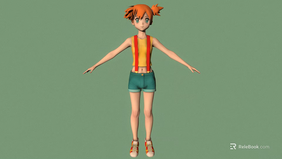 3D Character With Orange Hair Yellow Tank Top Red Suspenders Green Shorts And Green Background 3d model 