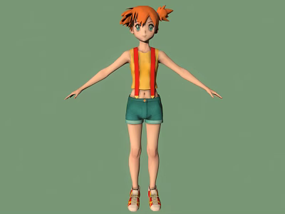 3D Character With Orange Hair Yellow Tank Top Red Suspenders Green Shorts And Green Background 3d model