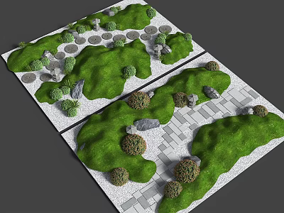 Microlandscape Design Features Green Lawn Round Shrubs Gray Stones And Stone Pavement 3d model