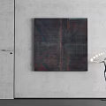Abstract Painting On Gray Concrete Wall With Modern Sculpture And Circular Light Fixture