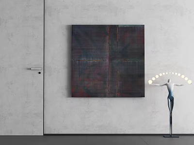 Abstract Painting On Gray Concrete Wall With Modern Sculpture And Circular Light Fixture 3d model