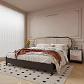 Double Bed With Rattan Headboard Brown Blanket Sunflowers Alarm Clock And Nightstand Room Decor