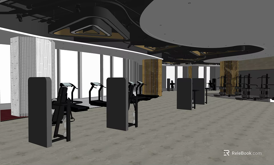Modern Fitness Gym Interior With Treadmills Workout Equipment Spacious Area And Large Windows 3d model 