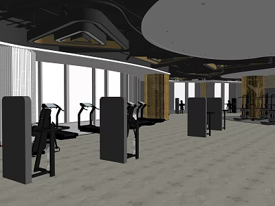 Modern Fitness Gym Interior With Treadmills Workout Equipment Spacious Area And Large Windows 3d model