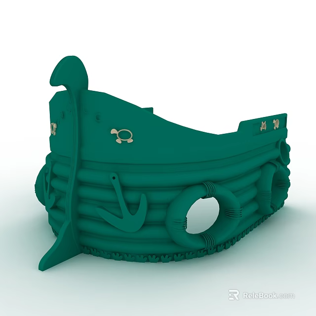 Green Ship Shaped Sculpture With Anchor Lifebuoy And Animal Carvings 3d model 