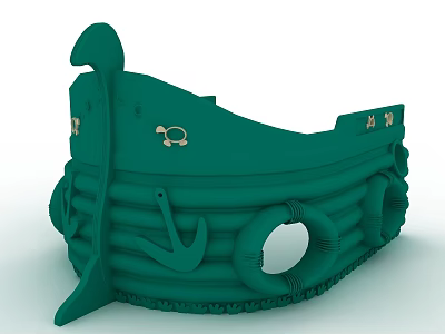 Green Ship Shaped Sculpture With Anchor Lifebuoy And Animal Carvings 3d model