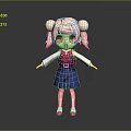 Cute 3D Cartoon Character With Pink Twin Buns Green Eyes Red Bow And Blue Skirt