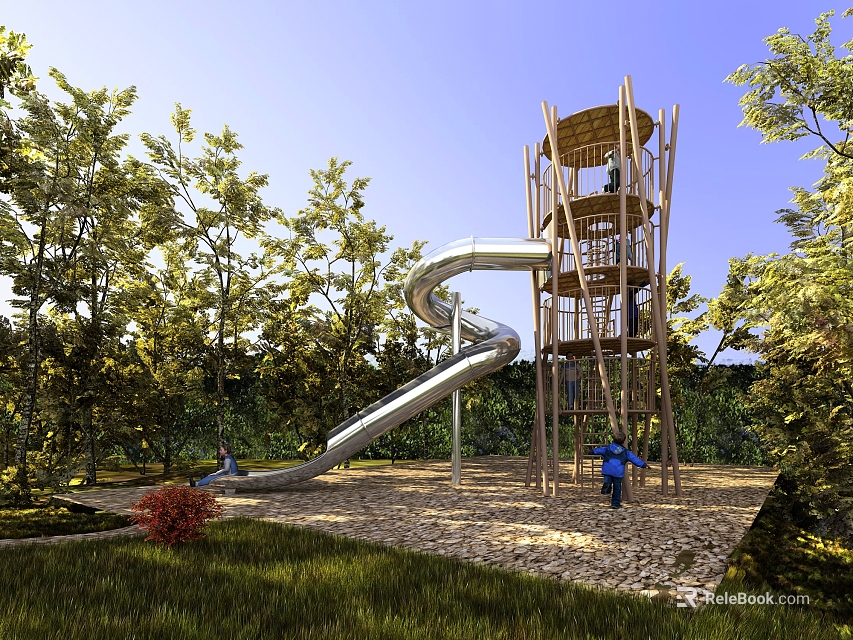 Outdoor Playground Equipment With Wooden Tower And Spiral Slide In Natural Surroundings 3d model 