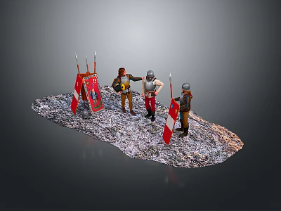 Men wearing medieval costumes holding flags with armored man on snowy gravel ground 3d model