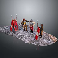 Men wearing medieval costumes holding flags with armored man on snowy gravel ground