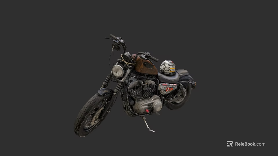 Vintage Motorcycle With Helmet On Seat And Chrome Details Against Gray Background 3d model 