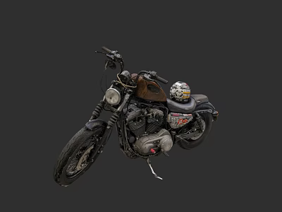 Vintage Motorcycle With Helmet On Seat And Chrome Details Against Gray Background 3d model