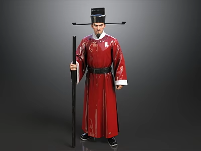 Man In Traditional Red Robe With Black Hat Holding Long Staff 3d model