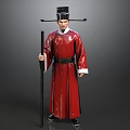 Man In Traditional Red Robe With Black Hat Holding Long Staff