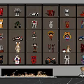Dark Wood Decorative Cabinet With Layered Shelves Displaying Robot Figurines And Car Models