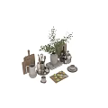 Stylish Kitchenware Collection With Wooden Cutting Boards Green Plant White Vase and Metal Basket