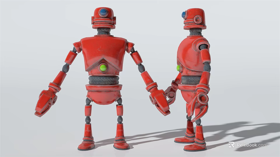 Two Red Intelligent Robots With Mechanical Arms Standing In Studio Pose 3d model 