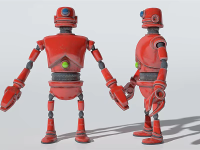 Two Red Intelligent Robots With Mechanical Arms Standing In Studio Pose 3d model