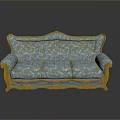 Classic Style Blue Sofa With Floral Pattern Upholstery And Carved Wooden Frame