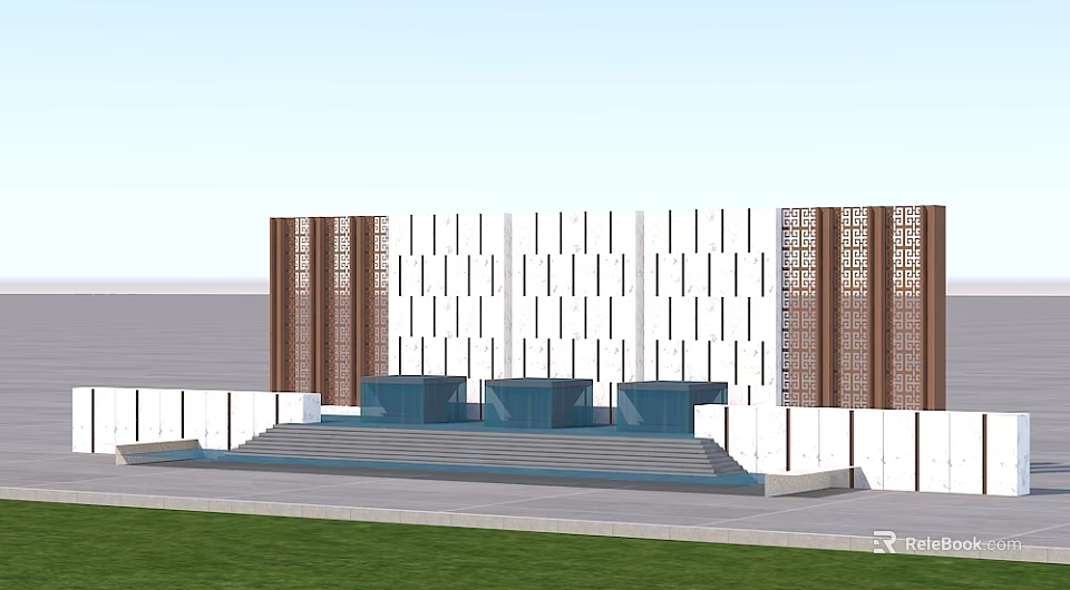 Modern Feature Wall With White Vertical Striped Design Brown Panels Blue Pool And Grassland 3d model 