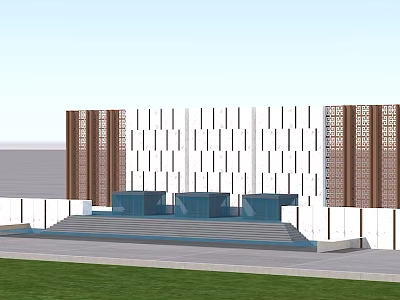 Modern Feature Wall With White Vertical Striped Design Brown Panels Blue Pool And Grassland 3d model
