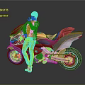 Game Movie Character With White Hair Posing In Red Outfit By Modern Red Motorcycle