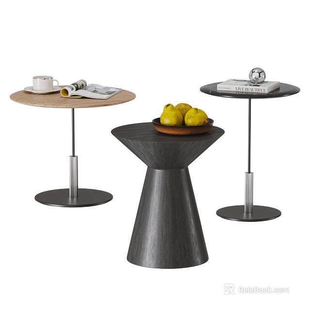 Modern Side Tables With Wooden Tops Metal Bases Magazine Cup Fruits And Book 3d model 