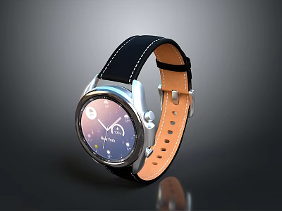 Stylish Smartwatch With Black Leather Strap Orange Lining And Circular Dial 3d model