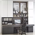 Modern Home Office Desk with Computer Monitor Gaming Chair Bookshelves and Decorative Items