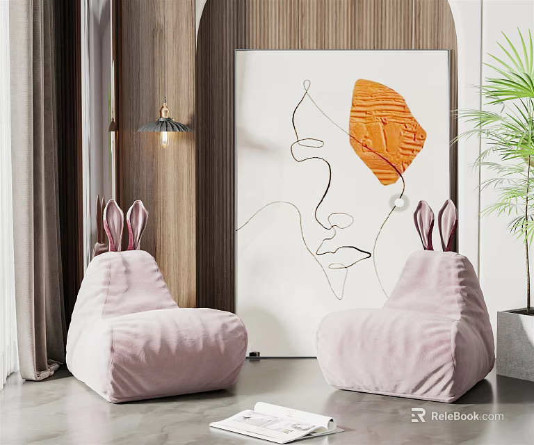 Pink Velvet Bean Bag Chairs Modern Living Room With Abstract Painting Wooden Wall Green Plant 3d model 