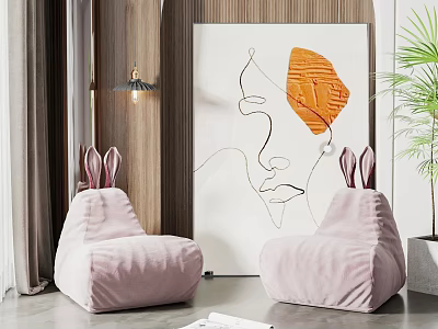 Pink Velvet Bean Bag Chairs Modern Living Room With Abstract Painting Wooden Wall Green Plant 3d model