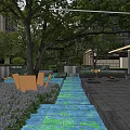 Modern Residential Landscape With Lush Trees Greenery Water Feature Flower Beds And Paved Area