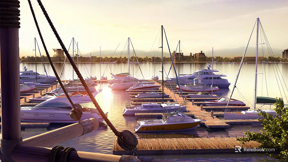 Scenic Marina With Moored Sailboats Yachts And Waterfront Buildings At Sunset 3d model 