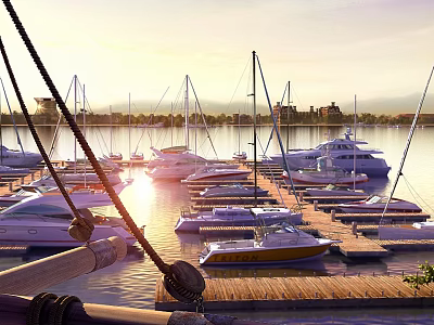 Scenic Marina With Moored Sailboats Yachts And Waterfront Buildings At Sunset 3d model