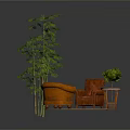 Indoor Relaxation Space With Brown Armchairs Round Woven Rug Bamboo Plant And Side Table
