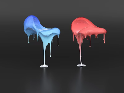 Abstract Modern Sculptures With Blue Red Melting Shapes And Dripping Details On White Base 3d model